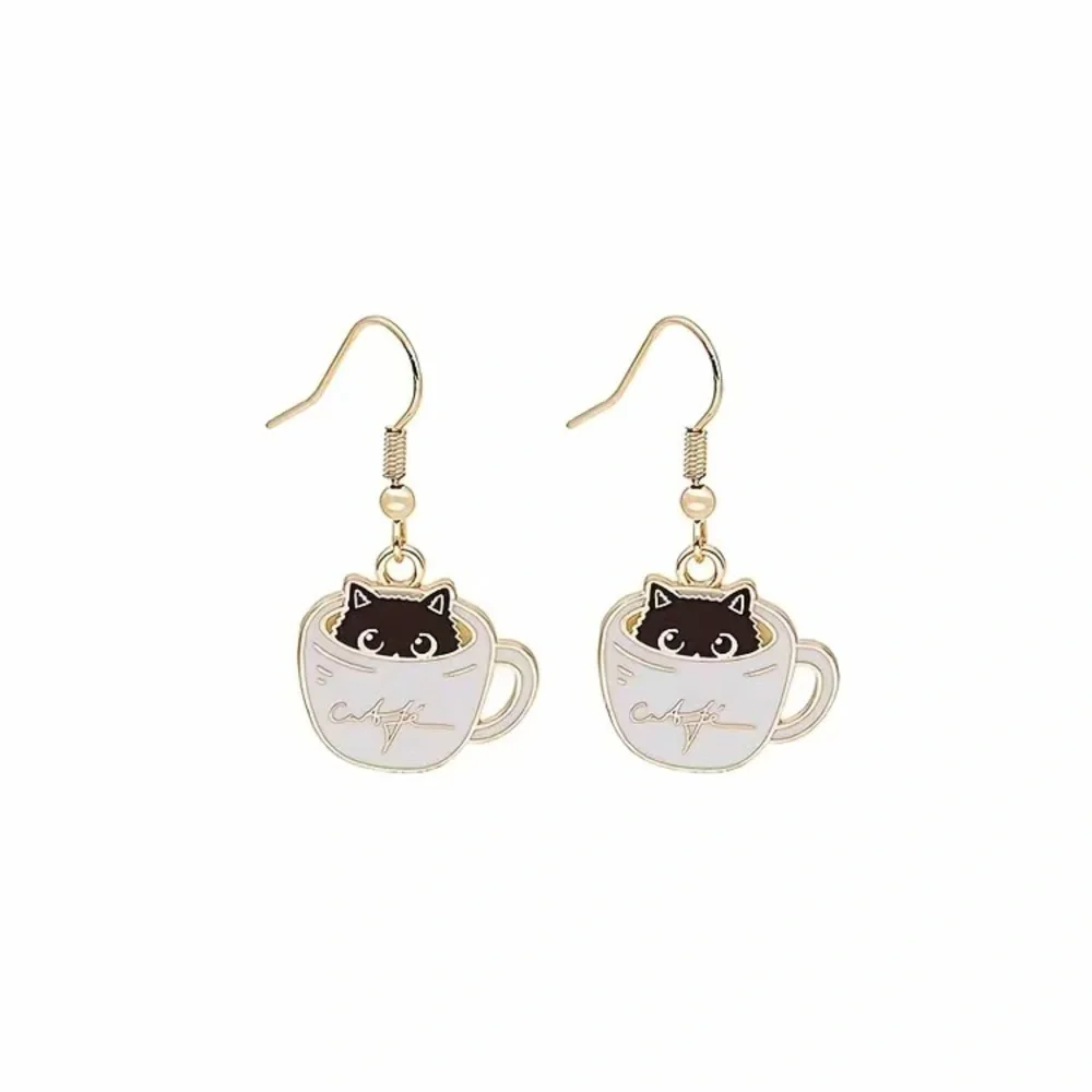 Coffee Cat Lover Cafe Dangling Gold Earrings Limited Edition Kawaii Kitty Gift